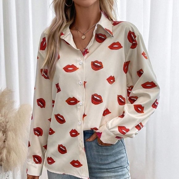 White Casual Womens Lip Print Button Front Shirt - Picture 4 of 5